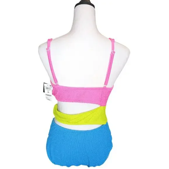 Bar III Cut Out One Piece Swimsuit XL Blue/Yellow/Pink NWT - Picture 5 of 13